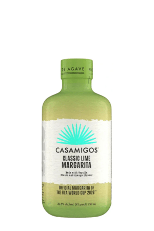 Bottle of Casamigos Classic Lime Margarita with green gradient bottle and white label reading 'Casamigos Classic Lime Margarita' and 'Official Margarita of the FIFA World Cup 2026'