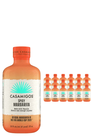 Large Casamigos Spicy Margarita bottle with turquoise agave logo, beside a row of smaller bottles against a white background.