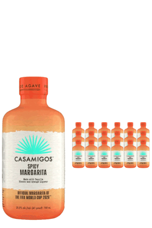 Large Casamigos Spicy Margarita bottle on the left with a row of smaller Casamigos bottles to the right, all with orange caps and teal agave logo on the label.