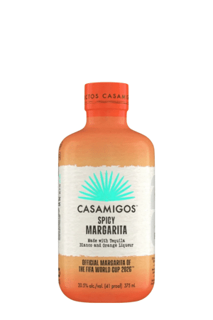 Casamigos Spicy Margarita bottle with orange cap and gradient label, turquoise palm logo, and text about tequila and orange liqueur.
