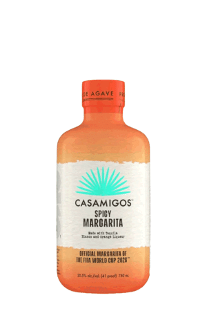 Bottle of Casamigos Spicy Margarita with turquoise logo on white label and orange cap; official margarita of the 2026 FIFA World Cup.