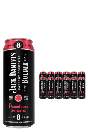Large Jack Daniel's Downhome Punch can (8% alc/vol) shown prominently with a row of smaller cans in the background, all black and red labeled