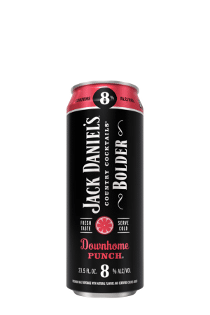 Can of Jack Daniel's Downhome Punch cocktail, black label with red top, 8% ABV and brand name visible on the can.