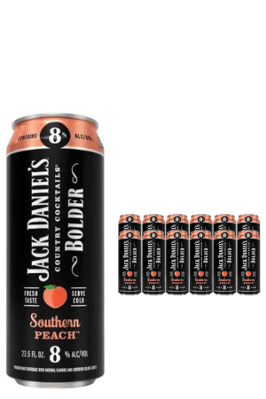 Tall can of Jack Daniel's Southern Peach cocktail with 8% ABV, shown enlarged, and a row of smaller cans lined up beside it.