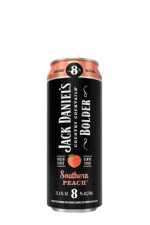 Can of Jack Daniel's Southern Peach cocktail with a black label and peach graphic, 8% ABV, ready to serve cold