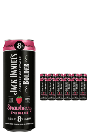 Large Jack Daniel's Strawberry Punch can with pink top and strawberry graphic; 8% ABV, row of smaller cans beside it.