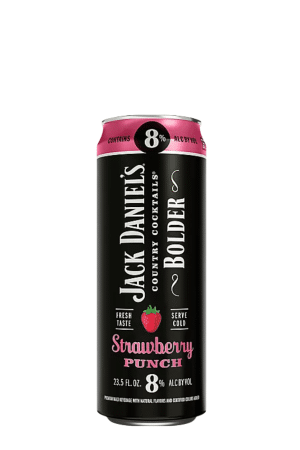 Jack Daniel's Country Cocktails can in black with pink top, labeled 'Strawberry Punch' with a strawberry graphic, 8% ABV, shows 'Fresh Taste' and 'Serve Cold' text