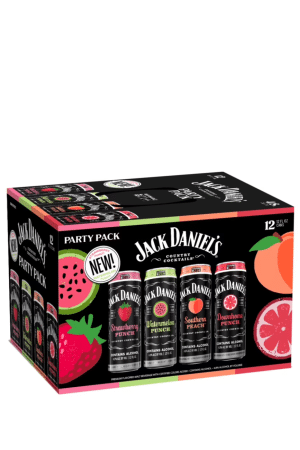 Jack Daniel’s Party Pack box showing several cocktail cans with fruit graphics on a black background.