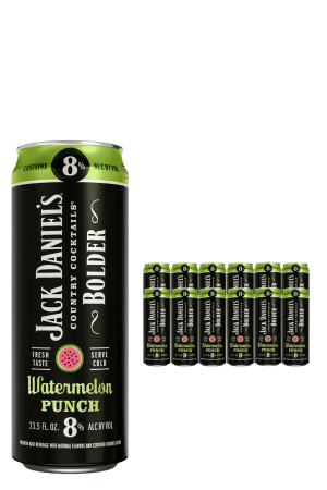 Large Jack Daniel's Watermelon Punch can with 8% ABV, plus a row of smaller cans in the background showing the same brand and flavor of malt beverage.