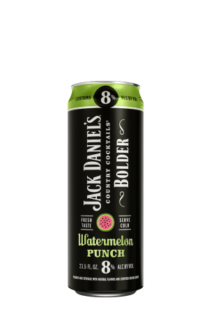 Tall black Jack Daniel's Watermelon Punch can with a bright green top, 8% ABV, watermelon graphic, and white text stating 'Jack Daniel's', 'Watermelon Punch', 'Fresh Taste' and 'Serve Cold'