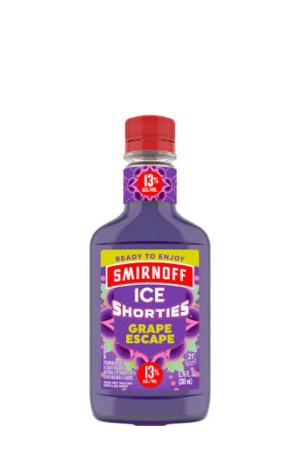 Smirnoff Ice Shorties Grape Escape bottle with a red cap and purple label, 13% ABV.