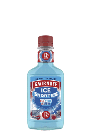 Smirnoff Ice Shorties bottle with blue liquid; label says Red, White & Berry and 13% alc/vol.