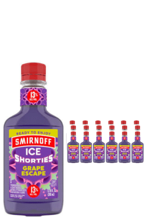 Smirnoff Ice Shorties Grape Escape bottle with a row of small mini bottles to the right, showing 13% alcohol by volume badge on labels