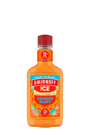 Bottle of Smirnoff Ice Shorties Orange Blast with a red cap and bright orange label, 13% ABV visible on the label.