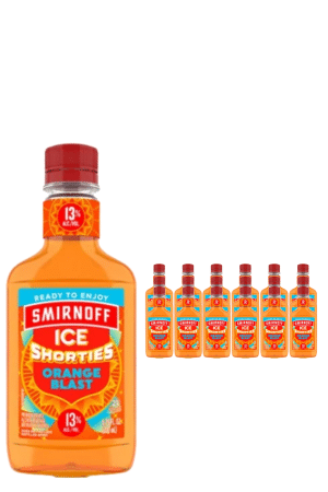 Large Smirnoff Ice Shorties Orange Blast bottle on the left with seven smaller bottles in a row to the right.