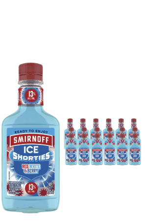 Large Smirnoff Ice Shorties bottle in front with many smaller bottles in the background; label says Red, White & Berry, 13% alc/vol.
