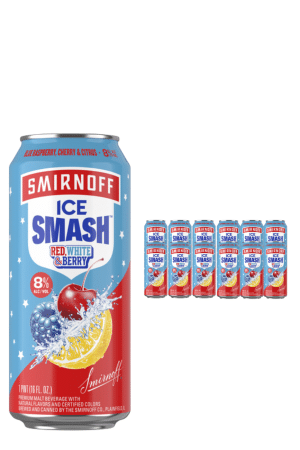 Tall Smirnoff Ice Smash can with Red, White & Berry flavor; large can on left and a row of smaller cans to the right on a white background.