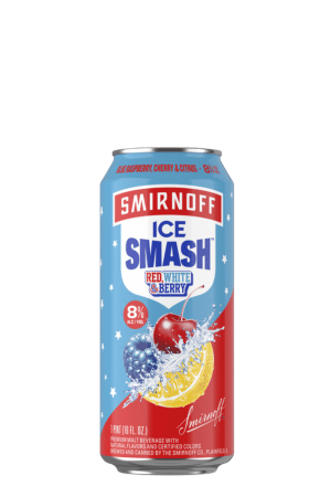 Smirnoff Ice Smash can in blue and red with fruit imagery and text 'Red, White & Berry' and '8% ABV' visible.