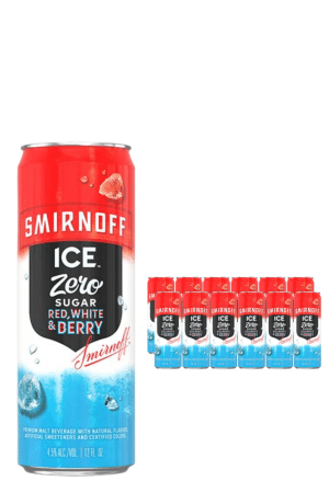 Tall can of Smirnoff Ice Zero Sugar Red, White & Berry in the foreground with a cluster of matching cans in the background
