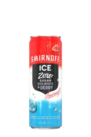 Can of Smirnoff Ice Zero Sugar Red, White & Berry with red top and blue bottom, icy design