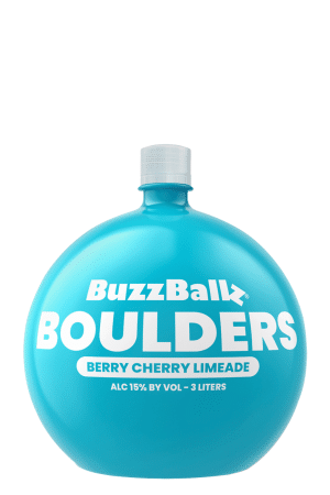 Blue BuzzBallz Boulders Berry Cherry Limeade bottle, 3L, 15% ABV.