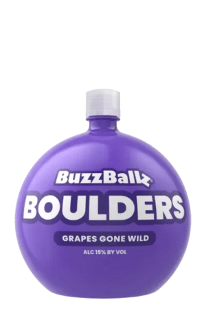 Purple BuzzBallz Boulders bottle with large 'BOULDERS' label and 'GRAPES GONE WILD' subtitle; shows 15% alcohol by volume.