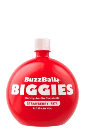 Red BuzzBallz Biggies bottle labeled Strawberry 'Rita, a ready-to-go cocktail with 15% ABV.