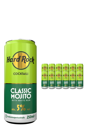 Large lime-green Hard Rock Classic Mojito cocktail can (250 ml, 5% alc.) with smaller cans arranged to its right.