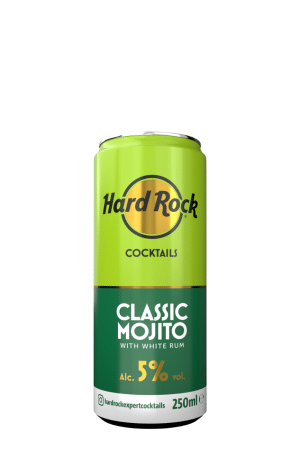 Bright lime-green Hard Rock Classic Mojito cocktail can with gold circular logo and 5% alcohol, 250 ml cap label visible.