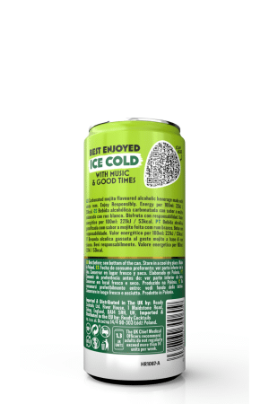 Lime green soda can with bold black text reading 'BEST ENJOYED ICE COLD WITH MUSIC & GOOD TIMES' and a QR code on the side
