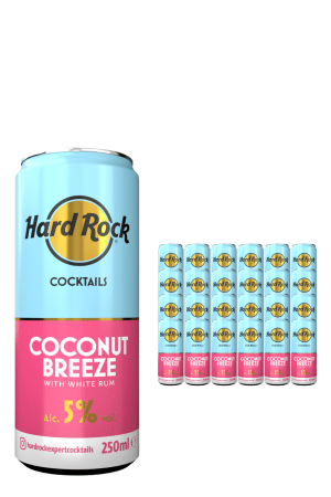 Hard Rock Cocktail Coconut Breeze 5% can (250 ml) with blue and pink label, shown large with a group of smaller cans in the background.
