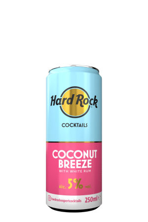 Can of Hard Rock Cocktails Coconut Breeze with blue and pink label, 5% alcohol, 250ml