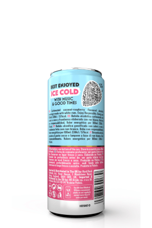 Light blue can with a pink panel that reads 'Best Enjoyed Ice Cold with Music & Good Times' and a QR code on the front