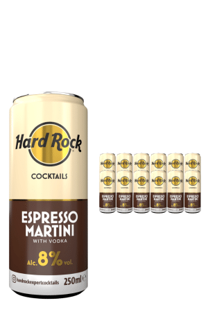 Large Hard Rock Espresso Martini cocktail can with vodka displayed beside a row of smaller cans, 250ml each, 8% ABV, promotional image.