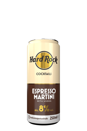 Hard Rock Cocktails Espresso Martini can with vodka, beige top and brown bottom, 8% ABV, 250 ml