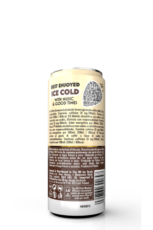 Tall beige and brown beverage can with bold text 'Best Enjoyed ICE COLD with Music & GOOD TIMES' and a QR code on the side.