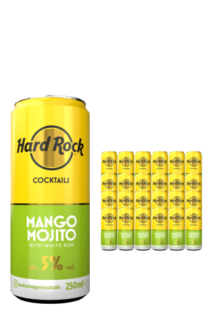 Large yellow Hard Rock Mango Mojito can (250 ml) with white rum, bold mango green label reading 'Mango Mojito' beside a row of smaller yellow Hard Rock cocktails cans.