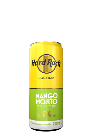 Yellow Hard Rock cocktail can: Mango Mojito with white rum, 5% alc./vol., 250 ml