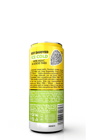 Yellow can of carbonated mango-mojito flavored alcoholic beverage on a white background, with bold green 'ICE COLD' and slogan 'BEST ENJOYED ... WITH MUSIC & GOOD TIMES' and a QR code on the label.