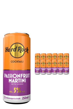 Large orange Hard Rock Cocktails can labeled Passion Fruit Martini with Vodka, 5% alc, 250 ml; row of smaller cans in the background.