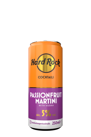 Orange Hard Rock Cocktails can labeled Passionfruit Martini with vodka, 5% ABV, 250 ml.