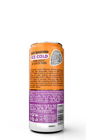 Tall beverage can with orange upper half and purple lower half; slogan reads 'Best Enjoyed Ice Cold with Music & Good Times' and there is a QR code on the side.