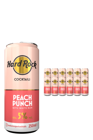 Large pink Hard Rock Cocktails Peach Punch can with a yellow logo, next to a row of smaller peach-punch cans; 5% ABV, 250 ml.