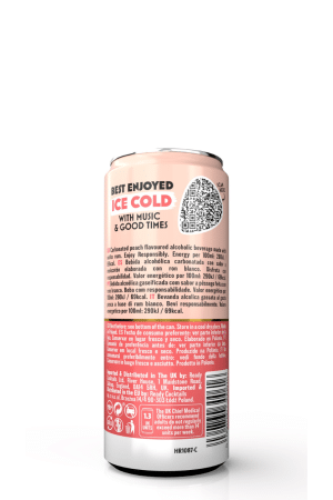 Pink canned alcoholic beverage with the slogan “Best Enjoyed Ice Cold with music & good times,” a QR code on the side, and small print text at the bottom.