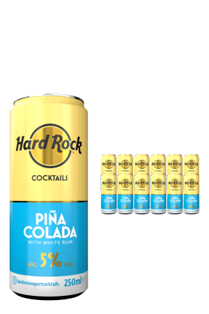 Tall yellow-and-blue can of Hard Rock Cocktails Piña Colada (250 ml, 5% ABV) with a row of smaller cans beside it.