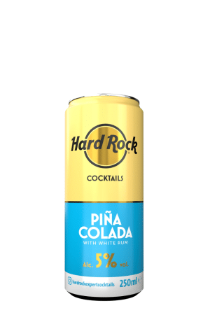 Hard Rock Piña Colada cocktail can: yellow top, blue bottom, 5% ABV, 250 ml, with white rum flavor gelled by the logo and social handle visible.