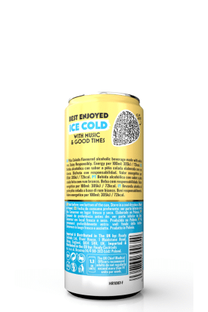 Yellow beverage can with text 'Best Enjoyed Ice Cold with Music & Good Times' and a QR code on the side.