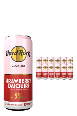 Large pink Hard Rock Cocktails can labeled Strawberry Daiquiri with white rum, 5% alc, 250 ml; row of smaller cans in background
