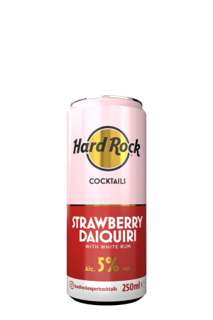 Can of Hard Rock Strawberry Daiquiri cocktail with pink upper and red lower panels, 5% alc./vol., 250 ml
