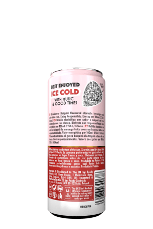 Pink can of strawberry-flavored alcoholic beverage with a QR code and the slogan 'Best Enjoyed Ice Cold with Music & Good Times'.